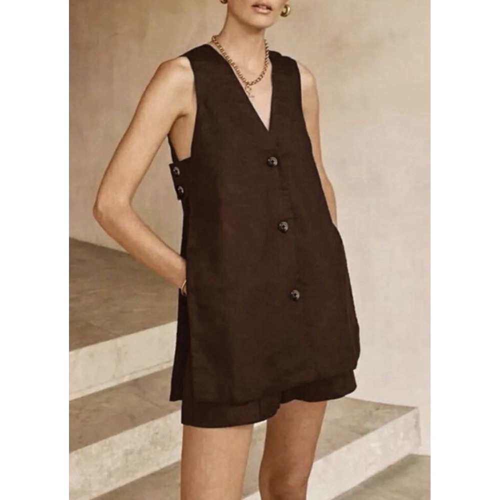 Commense Linen Blend Womens Matching Set Two piece Shorts Tank Vest Set Small